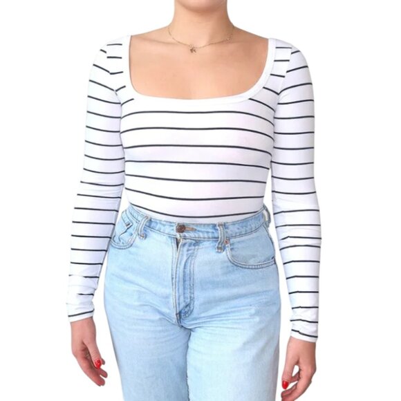 NEW Brunette The Label Square Neck Bodysuit | Stripes - Picture 1 of 3
